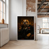Framed artwork of a bulldog in formal attire in a modern living room.